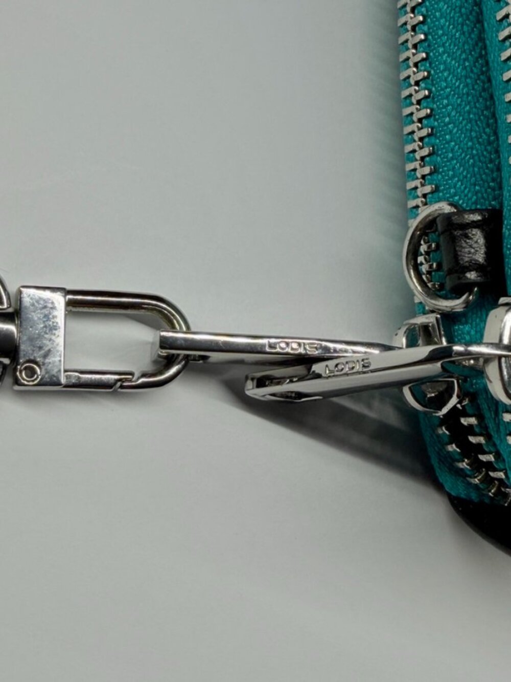 LODIS Black Leather Double Zip Wristlet Wallet Teal & Black Silver Hardware NWT - Picture 5 of 14